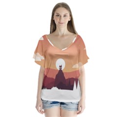Design Art Hill Hut Landscape V-neck Flutter Sleeve Top by Celenk