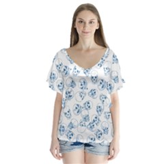 A Lot Of Skulls Blue V-neck Flutter Sleeve Top by jumpercat