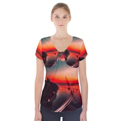 Sunset Dusk Boat Sea Ocean Water Short Sleeve Front Detail Top by BangZart