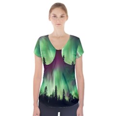 Aurora Borealis Northern Lights Short Sleeve Front Detail Top by BangZart