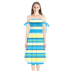 Stripes Yellow Aqua Blue White Shoulder Tie Bardot Midi Dress by BangZart