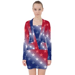 America Patriotic Red White Blue V-neck Bodycon Long Sleeve Dress by BangZart