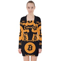I Accept Bitcoin V-neck Bodycon Long Sleeve Dress by Valentinaart