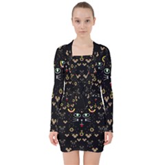 Merry Black Cat In The Night And A Mouse Involved Pop Art V-neck Bodycon Long Sleeve Dress by pepitasart
