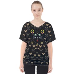 Merry Black Cat In The Night And A Mouse Involved Pop Art V-neck Dolman Drape Top by pepitasart