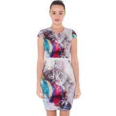 Cat Kitty Animal Art Abstract Capsleeve Drawstring Dress  by Celenk