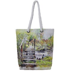 River Bridge Art Abstract Nature Full Print Rope Handle Tote (small) by Celenk