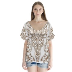 Beautiful Gold Floral Pattern V-neck Flutter Sleeve Top by NouveauDesign