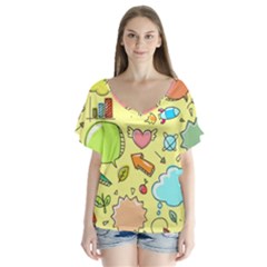 Cute Sketch Child Graphic Funny V-neck Flutter Sleeve Top by Celenk