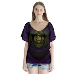 Fractal Blue Eye Fantasy 3d V-neck Flutter Sleeve Top by Celenk