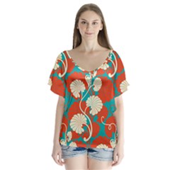 Floral Asian Vintage Pattern V-neck Flutter Sleeve Top by NouveauDesign