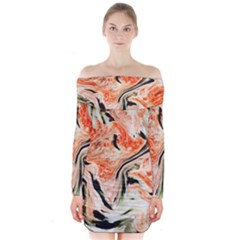 Marble Texture White Pattern Long Sleeve Off Shoulder Dress by Celenk