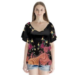 Fractal Fantasy Art Design Swirl V-neck Flutter Sleeve Top by Celenk