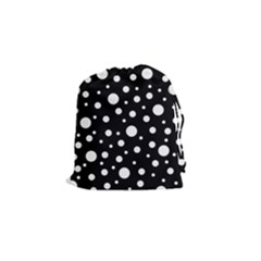 White On Black Polka Dot Pattern Drawstring Pouches (small)  by LoolyElzayat