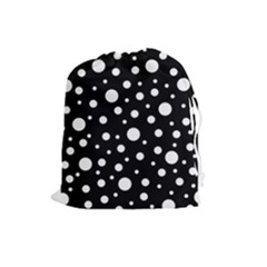 White On Black Polka Dot Pattern Drawstring Pouches (large)  by LoolyElzayat