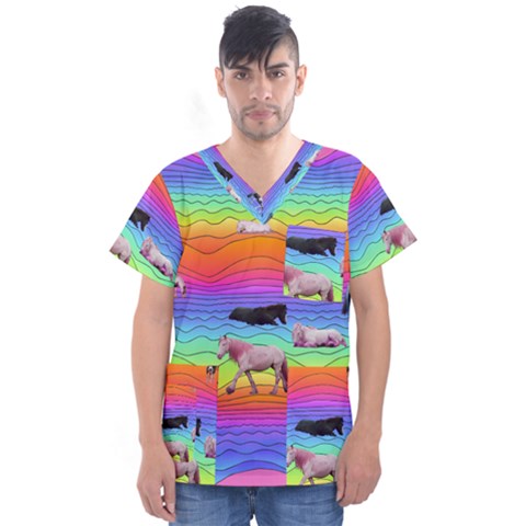 Horses In Rainbow Men s V-neck Scrub Top by CosmicEsoteric