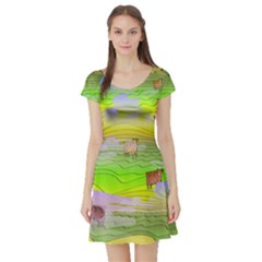 Cows And Clouds In The Green Fields Short Sleeve Skater Dress by CosmicEsoteric