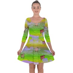 Cows And Clouds In The Green Fields Quarter Sleeve Skater Dress by CosmicEsoteric
