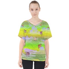 Cows And Clouds In The Green Fields V-neck Dolman Drape Top by CosmicEsoteric