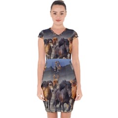 Horses Stampede Nature Running Capsleeve Drawstring Dress  by Celenk