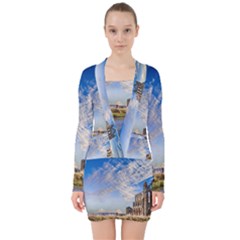 Ruin Church Ancient Architecture V-neck Bodycon Long Sleeve Dress by Celenk