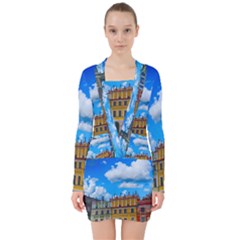 Buildings Architecture Architectural V-neck Bodycon Long Sleeve Dress by Celenk