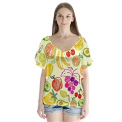 Cute Fruits Pattern V-neck Flutter Sleeve Top by paulaoliveiradesign