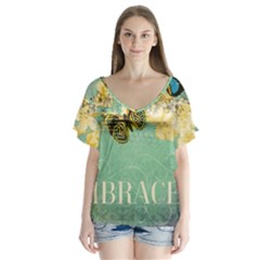 Embrace Shabby Chic Collage V-neck Flutter Sleeve Top by NouveauDesign