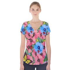 Floral Scene Short Sleeve Front Detail Top by linceazul