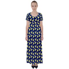 Square Flowers Navy Blue High Waist Short Sleeve Maxi Dress by snowwhitegirl