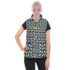 Square Flowers Navy Blue Women s Button Up Puffer Vest by snowwhitegirl