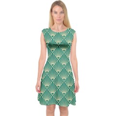 Teal,beige,art Nouveau,vintage,original,belle Époque,fan Pattern,geometric,elegant,chic Capsleeve Midi Dress by NouveauDesign