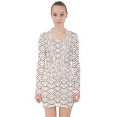 Gold,white,art Deco,vintage,shell Pattern,asian Pattern,elegant,chic,beautiful V-neck Bodycon Long Sleeve Dress by NouveauDesign
