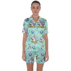 Magical Happy Unicorn And Stars Satin Short Sleeve Pyjamas Set by Bigfootshirtshop