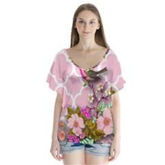 Shabby Chic, Floral,pink,birds,cute,whimsical V-neck Flutter Sleeve Top by NouveauDesign