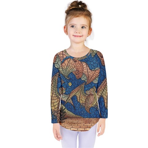 Bats Cubism Mosaic Vintage Kids  Long Sleeve Tee by Nexatart