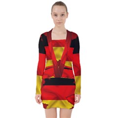 Germany Map Flag Country Red Flag V-neck Bodycon Long Sleeve Dress by Nexatart