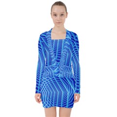 Blue Background Light Glow Abstract Art V-neck Bodycon Long Sleeve Dress by Nexatart
