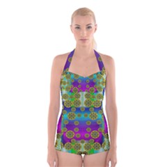 Celtic Mosaic With Wonderful Flowers Boyleg Halter Swimsuit  by pepitasart