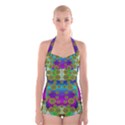 Celtic Mosaic With Wonderful Flowers Boyleg Halter Swimsuit  View1
