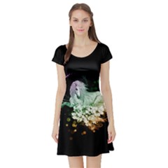 Wonderful Unicorn With Flowers Short Sleeve Skater Dress by FantasyWorld7