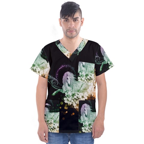 Wonderful Unicorn With Flowers Men s V-neck Scrub Top by FantasyWorld7