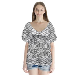 Black And White Oriental Ornate V-neck Flutter Sleeve Top by dflcprints