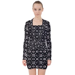 Dark Luxury Baroque Pattern V-neck Bodycon Long Sleeve Dress by dflcprints