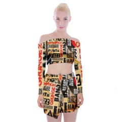 Guitar Typography Off Shoulder Top With Mini Skirt Set by Sapixe