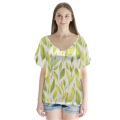 Green Leaves Nature Patter V-neck Flutter Sleeve Top by paulaoliveiradesign