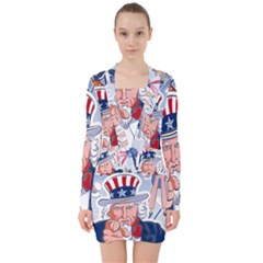 United States Of America Celebration Of Independence Day Uncle Sam V-neck Bodycon Long Sleeve Dress by Sapixe