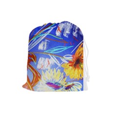 Dscf1385 - Sunflowers In Ceramic Jur Drawstring Pouches (large)  by bestdesignintheworld