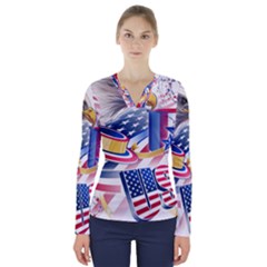 United States Of America Usa  Images Independence Day V-neck Long Sleeve Top by Sapixe