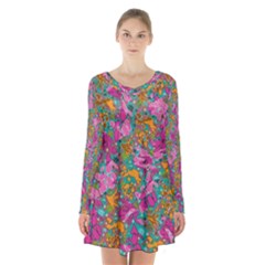 Flower Paisley 1 Long Sleeve Velvet V-neck Dress by stephenlinhart